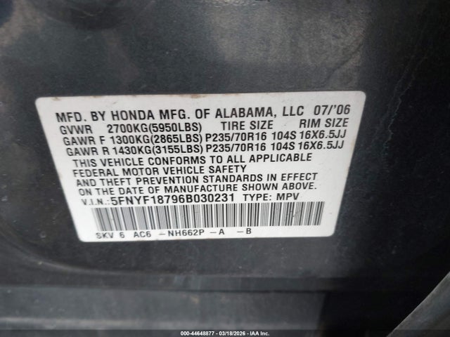 2006 HONDA PILOT 5FNYF18796B030231 Photo 8
