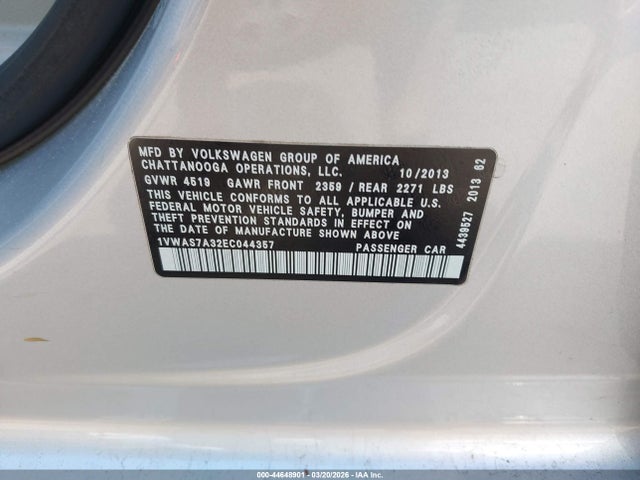 Aukcja sprzedaży 2014 Volkswagen Passat 1.8t S, vin: 1VWAS7A32EC044357, numer aukcji: 44648901