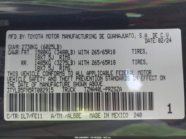 Aukcja sprzedaży 2024 Toyota Tacoma Trd Sport, vin: 3TYLB5FN5RT002915, numer aukcji: 44648903