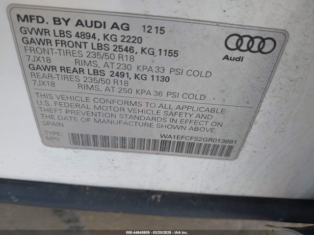 44648909 :رقم المزاد ، WA1EFCFS2GR013881 vin ، 2016 Audi Q3 2.0t Premium Plus مزاد بيع
