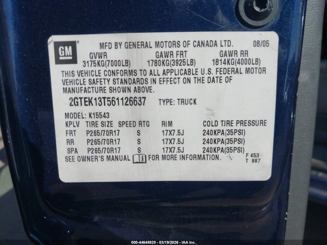 44648920 :رقم المزاد ، 2GTEK13T561126637 vin ، 2006 Gmc Sierra 1500 Sle2 مزاد بيع