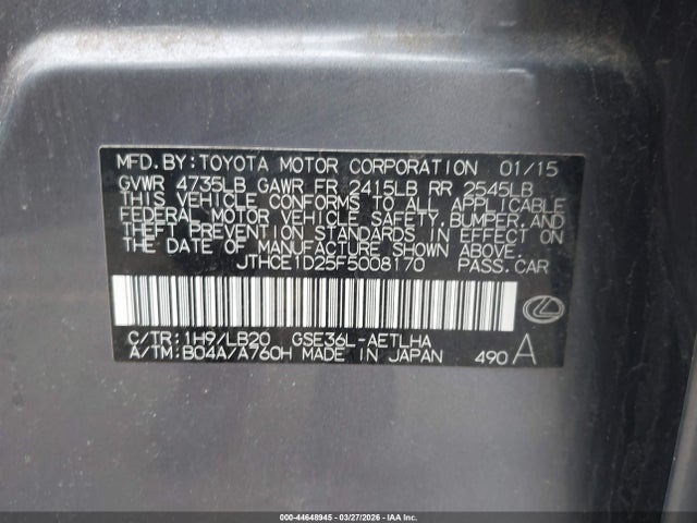 44648945 :رقم المزاد ، JTHCE1D25F5008170 vin ، 2015 Lexus Is 350 مزاد بيع