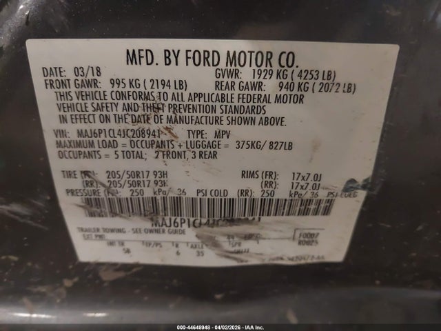 Aukcja sprzedaży 2018 Ford Ecosport Ses, vin: MAJ6P1CL4JC208941, numer aukcji: 44648948