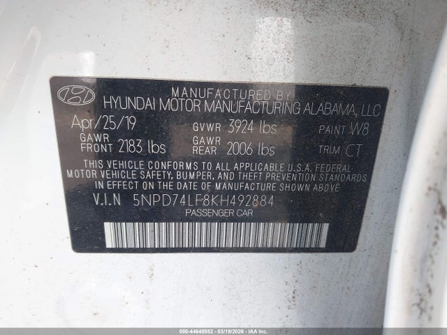 Aukcja sprzedaży 2019 Hyundai Elantra Se, vin: 5NPD74LF8KH492884, numer aukcji: 44648952