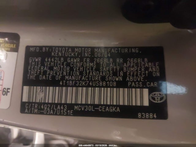 44648973 :رقم المزاد ، 4T1BF32K74U588108 vin ، 2004 Toyota Camry Xle V6 مزاد بيع