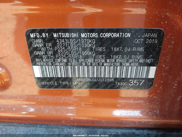 Aukcja sprzedaży 2020 Mitsubishi Outlander Sport 2.0 Be/2.0 Es/2.0 Sp, vin: JA4AP3AU0LU012806, numer aukcji: 44648977