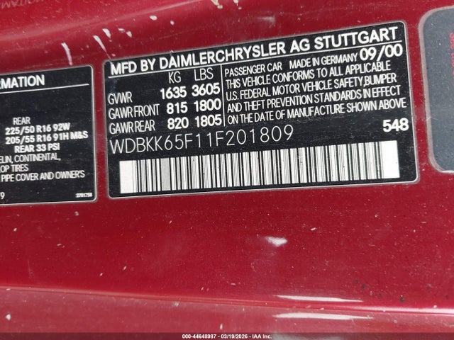 Aukcja sprzedaży 2001 Mercedes-benz Slk 320, vin: WDBKK65F11F201809, numer aukcji: 44648987