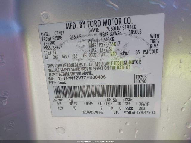 Aukcja sprzedaży 2007 Ford F-150 Lariat/xlt, vin: 1FTPW12V77FB00406, numer aukcji: 44649000