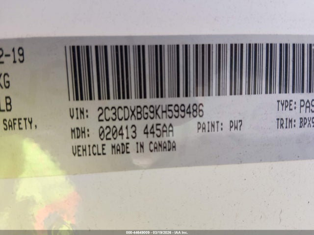 44649009 :رقم المزاد ، 2C3CDXBG9KH599486 vin ، 2019 Dodge Charger Sxt Rwd مزاد بيع