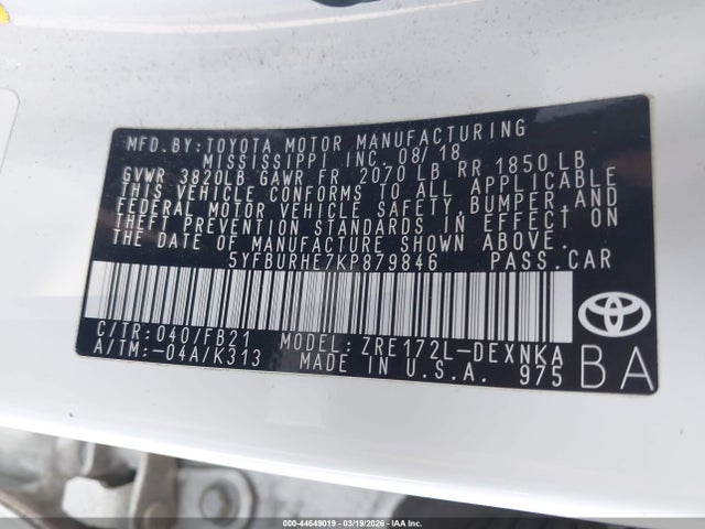 Aukcja sprzedaży 2019 Toyota Corolla Le, vin: 5YFBURHE7KP879846, numer aukcji: 44649019