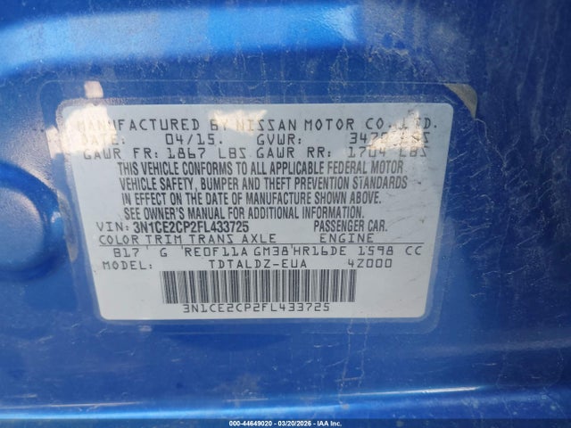 2015 Nissan Versa Note Sv მანქანა იყიდება აუქციონზე, vin: 3N1CE2CP2FL433725, აუქციონის ნომერი: 44649020