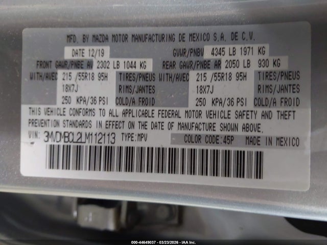 44649037 :رقم المزاد ، 3MVDMBCL2LM112113 vin ، 2020 Mazda Cx-30 Select Package مزاد بيع