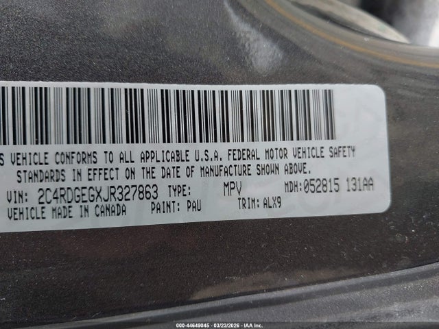 2018 Dodge Grand Caravan Gt მანქანა იყიდება აუქციონზე, vin: 2C4RDGEGXJR327863, აუქციონის ნომერი: 44649045