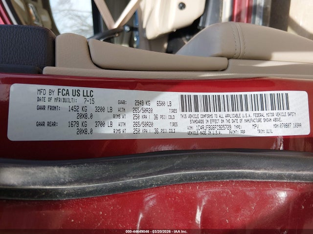 Продажа на аукционе авто 2015 Jeep Grand Cherokee Limited, vin: 1C4RJFBG6FC925729, номер лота: 44649046
