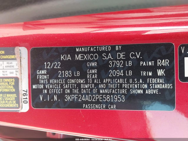 Aukcja sprzedaży 2023 Kia Forte Lxs, vin: 3KPF24AD2PE581953, numer aukcji: 44649064