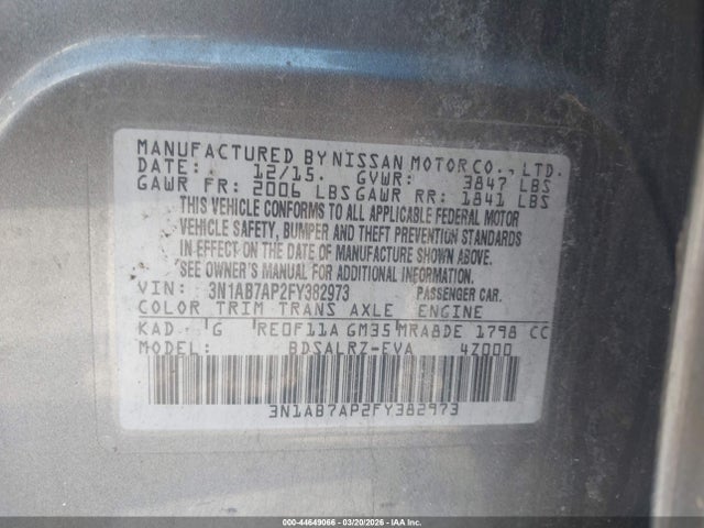 Aukcja sprzedaży 2015 Nissan Sentra Sr, vin: 3N1AB7AP2FY382973, numer aukcji: 44649066