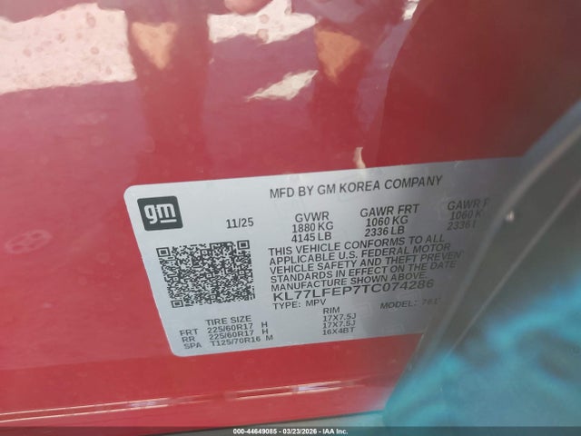 44649085 :رقم المزاد ، KL77LFEP7TC074286 vin ، 2026 Chevrolet Trax Fwd Ls مزاد بيع
