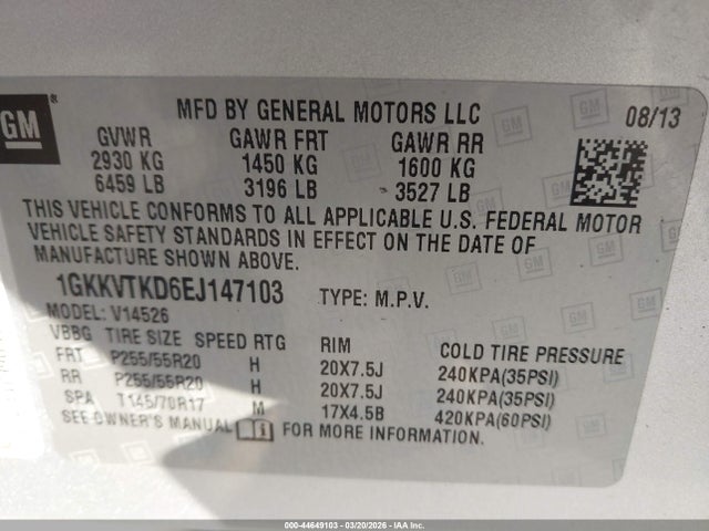 44649103 :رقم المزاد ، 1GKKVTKD6EJ147103 vin ، 2014 Gmc Acadia Denali مزاد بيع
