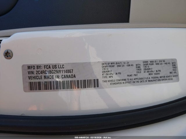 Auction sale of the 2022 Chrysler Pacifica Touring L, vin: 2C4RC1BG2NR114867, lot number: 44649124