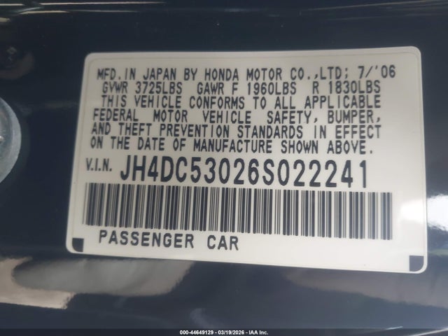 2006 Acura Rsx Type S მანქანა იყიდება აუქციონზე, vin: JH4DC53026S022241, აუქციონის ნომერი: 44649129