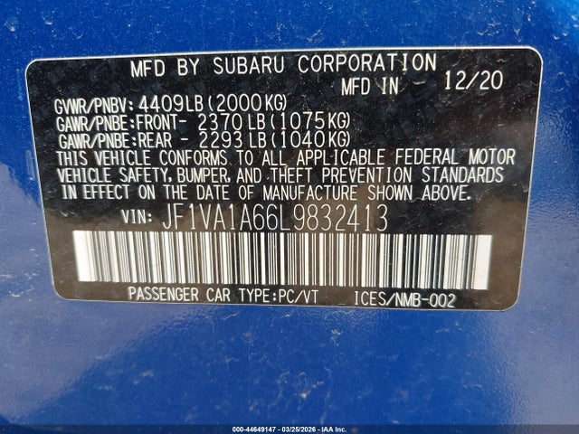 44649147 :رقم المزاد ، JF1VA1A66L9832413 vin ، 2020 Subaru Wrx مزاد بيع