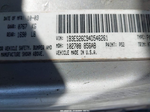 44649155 :رقم المزاد ، 1B3ES26C94D546261 vin ، 2004 Dodge Neon Se مزاد بيع