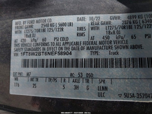 1FT8W2BT6NEF58904 Ford F-250 Xlt