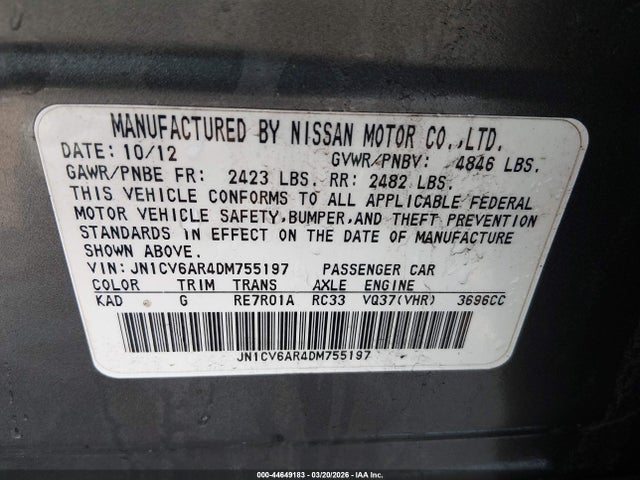 Aukcja sprzedaży 2013 Infiniti G37x, vin: JN1CV6AR4DM755197, numer aukcji: 44649183