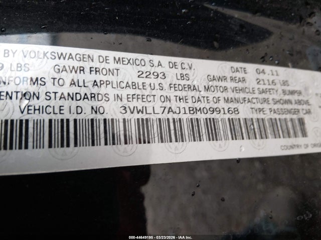 2011 Volkswagen Jetta 2.0l Tdi მანქანა იყიდება აუქციონზე, vin: 3VWLL7AJ1BM099168, აუქციონის ნომერი: 44649195