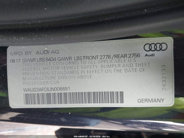 44649197 :رقم المزاد ، WAUG3AFC6JN006691 vin ، 2018 Audi A6 3.0t Premium مزاد بيع