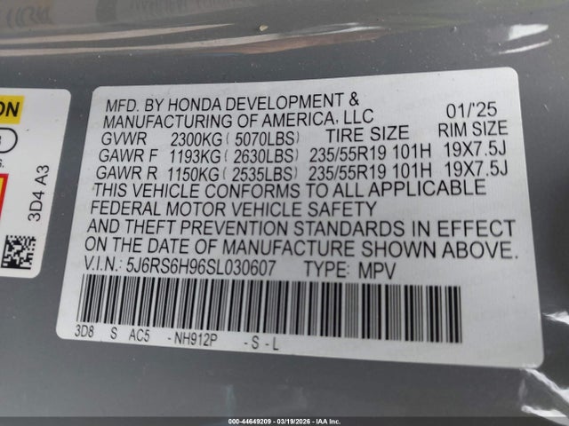 44649209 :رقم المزاد ، 5J6RS6H96SL030607 vin ، 2025 Honda Cr-v Hybrid Sport Touring مزاد بيع