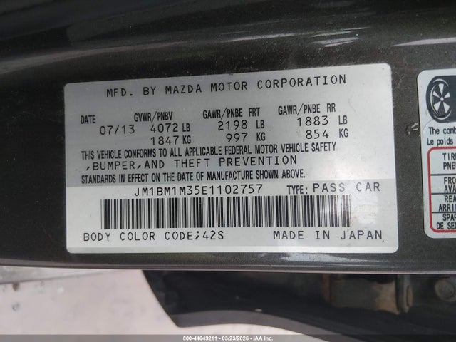 2014 Mazda Mazda3 S Grand Touring მანქანა იყიდება აუქციონზე, vin: JM1BM1M35E1102757, აუქციონის ნომერი: 44649211