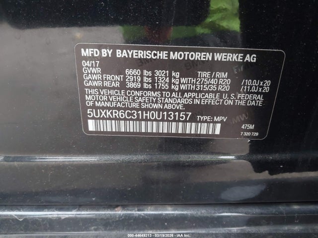 Aukcja sprzedaży 2017 Bmw X5 Xdrive50i, vin: 5UXKR6C31H0U13157, numer aukcji: 44649213