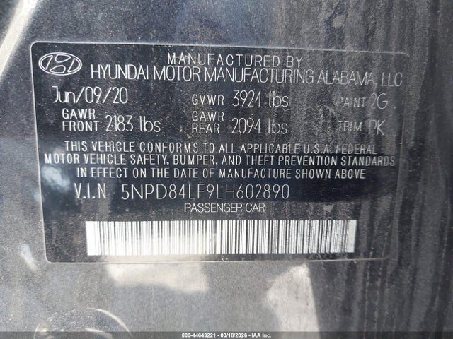44649221 :رقم المزاد ، 5NPD84LF9LH602890 vin ، 2020 Hyundai Elantra Value Edition مزاد بيع