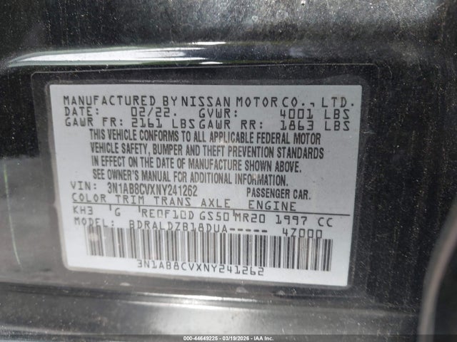 Продаж на аукціоні авто 2022 Nissan Sentra Sv Xtronic Cvt, vin: 3N1AB8CVXNY241262, номер лоту: 44649225