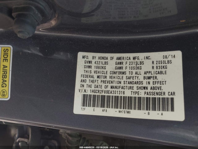 44649235 :رقم المزاد ، 1HGCR2F89EA301316 vin ، 2014 Honda Accord Ex-l مزاد بيع