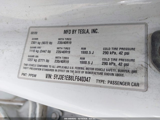 5YJ3E1EB8LF640347 Tesla Model 3 Long Range Dual Motor All-wheel Drive