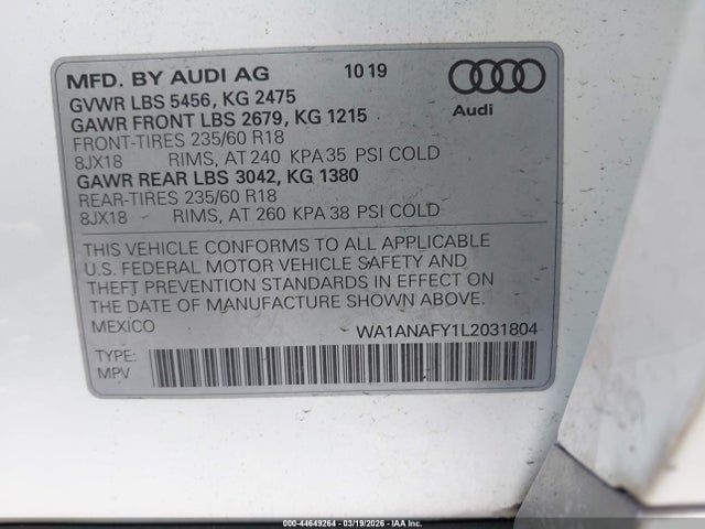 Aukcja sprzedaży 2020 Audi Q5 Premium 45 Tfsi Quattro S Tronic/titanium Premium 45 Tfsi Quattro S Tronic, vin: WA1ANAFY1L2031804, numer aukcji: 44649264
