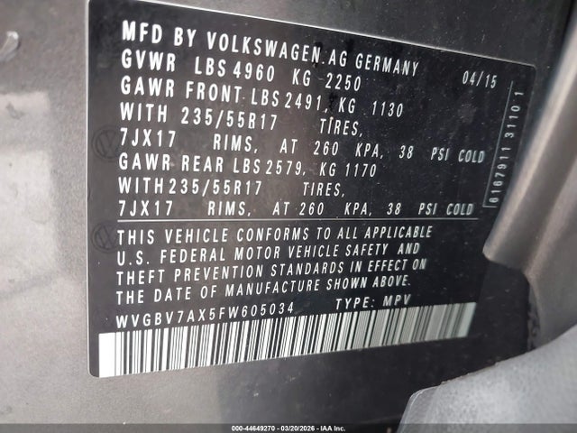 Aukcja sprzedaży 2015 Volkswagen Tiguan Se, vin: WVGBV7AX5FW605034, numer aukcji: 44649270