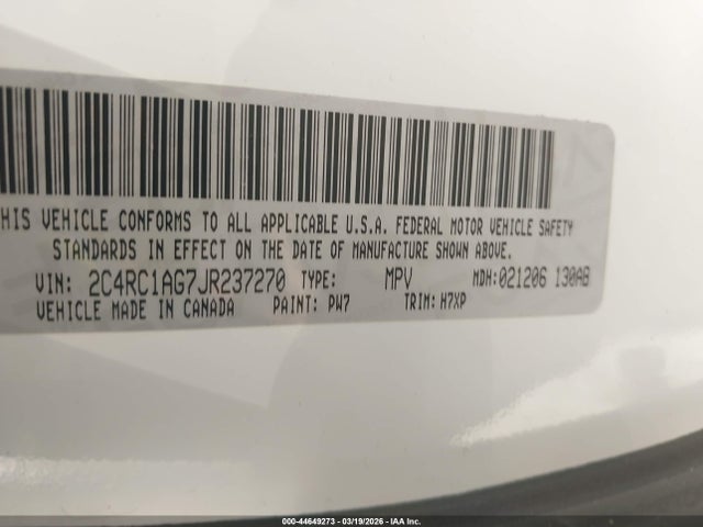 44649273 :رقم المزاد ، 2C4RC1AG7JR237270 vin ، 2018 Chrysler Pacifica L مزاد بيع