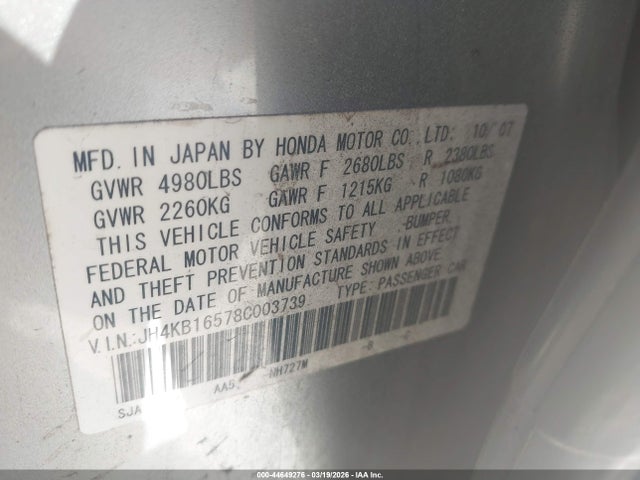 44649276 :رقم المزاد ، JH4KB16578C003739 vin ، 2008 Acura Rl 3.5 مزاد بيع