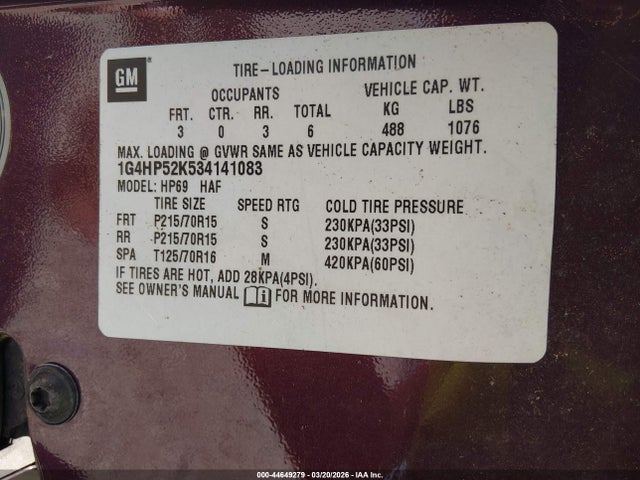 Aukcja sprzedaży 2003 Buick Lesabre Custom, vin: 1G4HP52K534141083, numer aukcji: 44649279