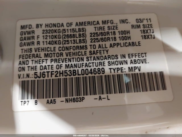 44649287 :رقم المزاد ، 5J6TF2H53BL004689 vin ، 2011 Honda Accord Crosstour Ex-l مزاد بيع