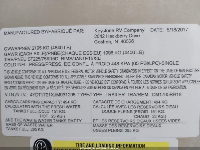 Продажа на аукционе авто 2018 Coleman Hse 1705rb, vin: 4YDT1701XJM931298, номер лота: 44649294