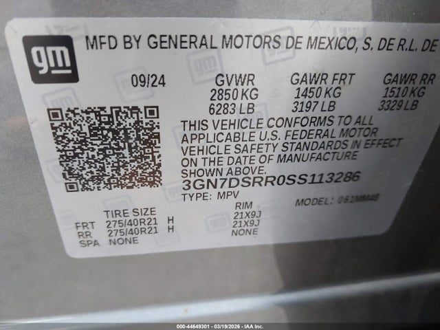 2025 Chevrolet Equinox Ev Rs მანქანა იყიდება აუქციონზე, vin: 3GN7DSRR0SS113286, აუქციონის ნომერი: 44649301
