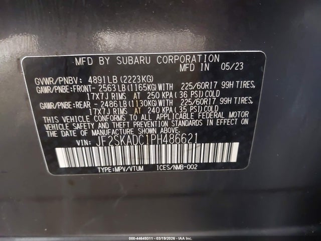 44649311 :رقم المزاد ، JF2SKADC1PH486621 vin ، 2023 Subaru Forester Premium مزاد بيع