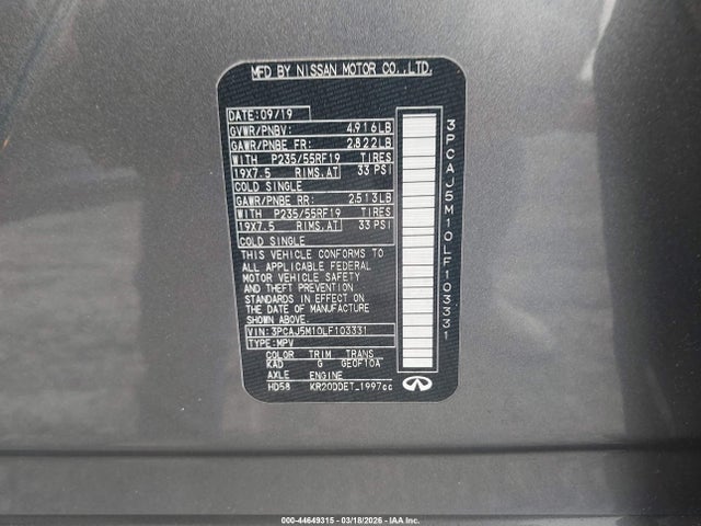 Aukcja sprzedaży 2020 Infiniti Qx50 Luxe, vin: 3PCAJ5M10LF103331, numer aukcji: 44649315