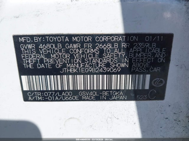 44649330 :رقم المزاد ، JTHBK1EG9B2439069 vin ، 2011 Lexus Es 350 مزاد بيع