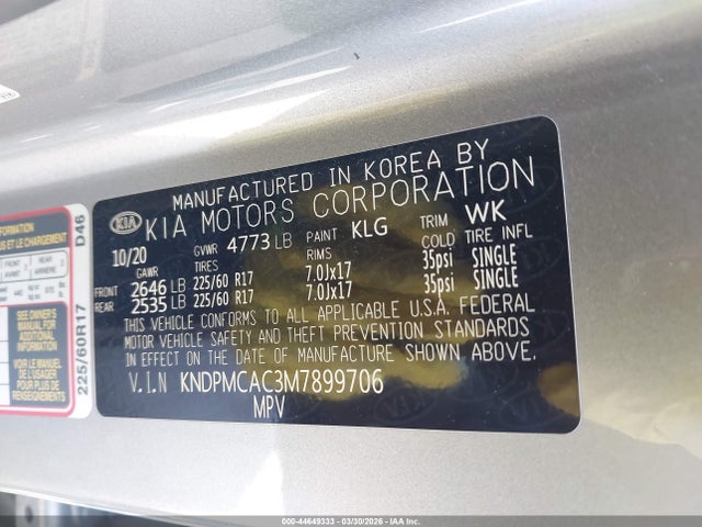 Auction sale of the 2021 Kia Sportage Lx, vin: KNDPMCAC3M7899706, lot number: 44649333