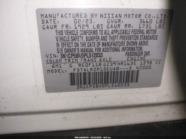 Продаж на аукціоні авто 2023 Nissan Kicks S Xtronic Cvt, vin: 3N1CP5BV0PL512033, номер лоту: 44649338